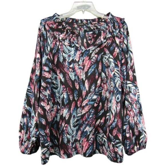 Talbots Black Blue Pink Feather Print Smocked Neck Top Size XL Elastic Sleeves - Picture 1 of 8